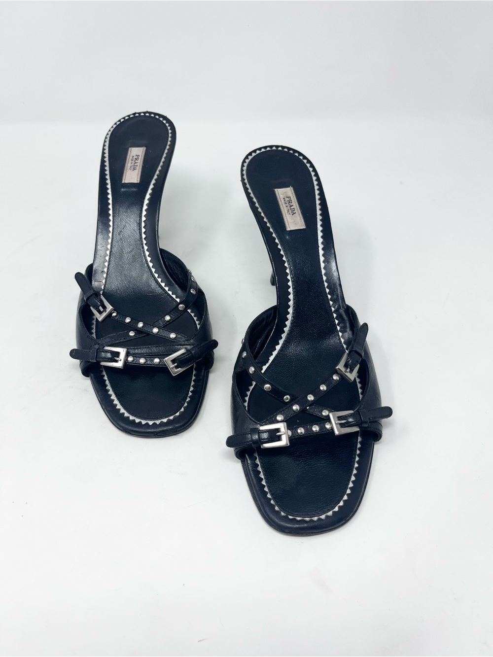 Vintage Prada Y2K Studded Buckle Kitten Heel Mules Sandal Black Leather Size 40